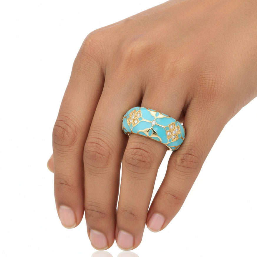 Enamel Blossom Band Ring – Adjustable Floral Gold Ring