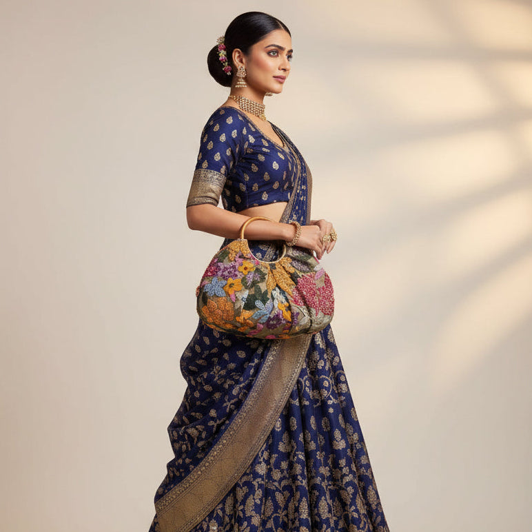 Woman wearing a traditional blue saree with a floral blouse against a neutral background