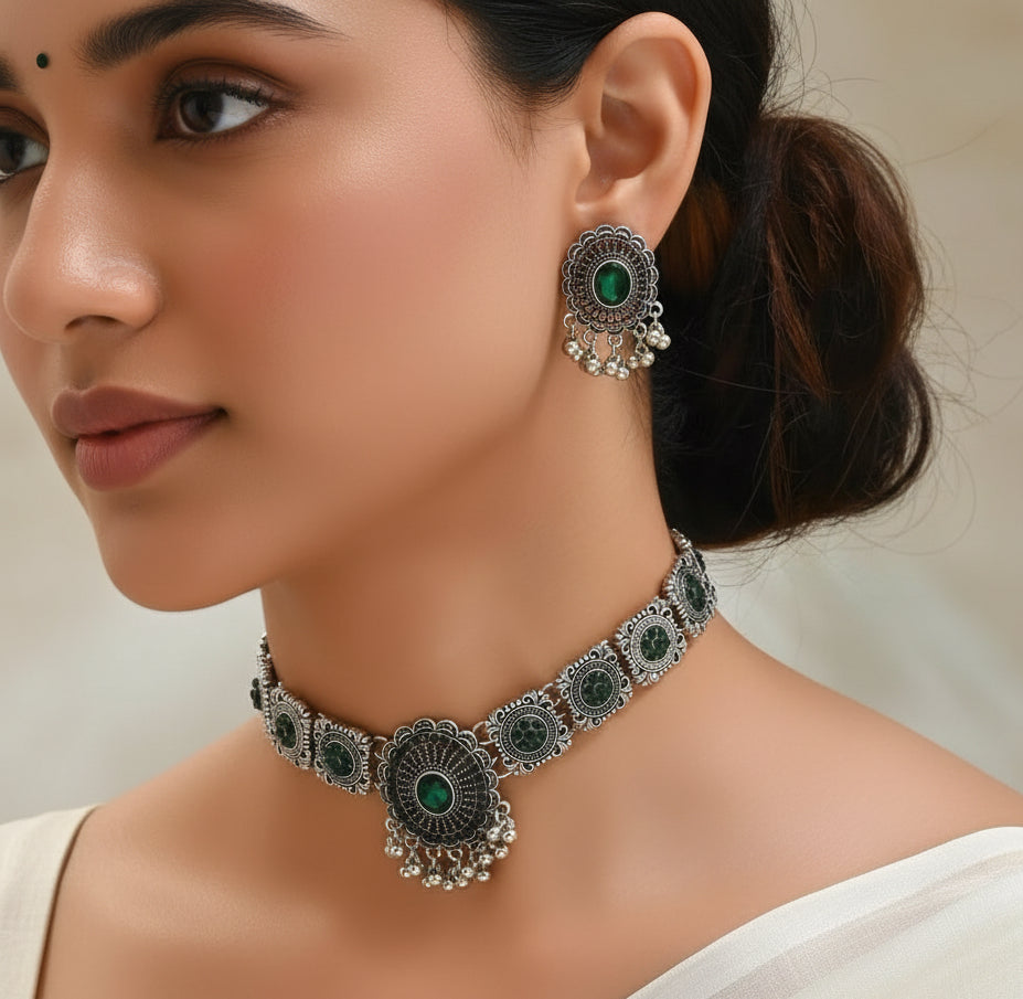 Niyara Oxidised Mirror Choker Set — 2-Piece (4 Colours)