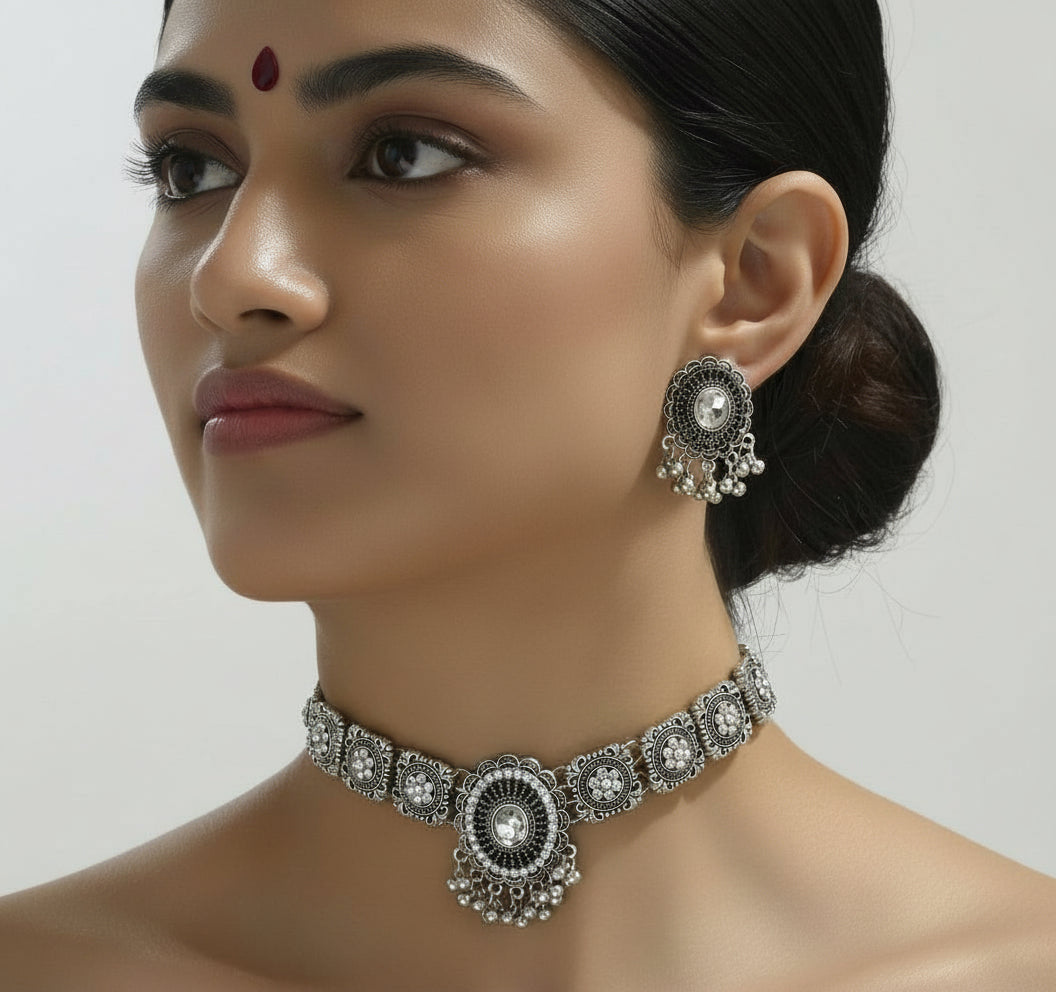 Niyara Oxidised Mirror Choker Set — 2-Piece (4 Colours)