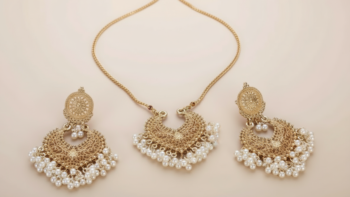 Gold and pearl necklace with matching earrings on a white background