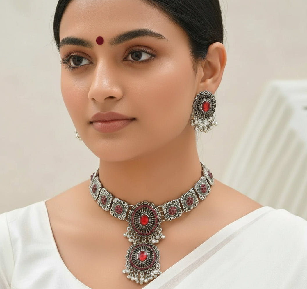 Niyara Oxidised Mirror Choker Set — 2-Piece (4 Colours)