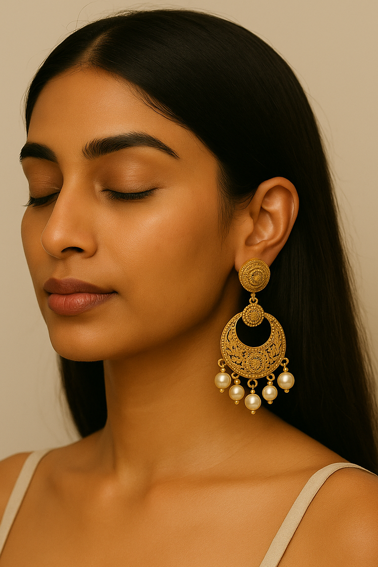 Woman wearing gold earrings with 'Golor' branding on a neutral background