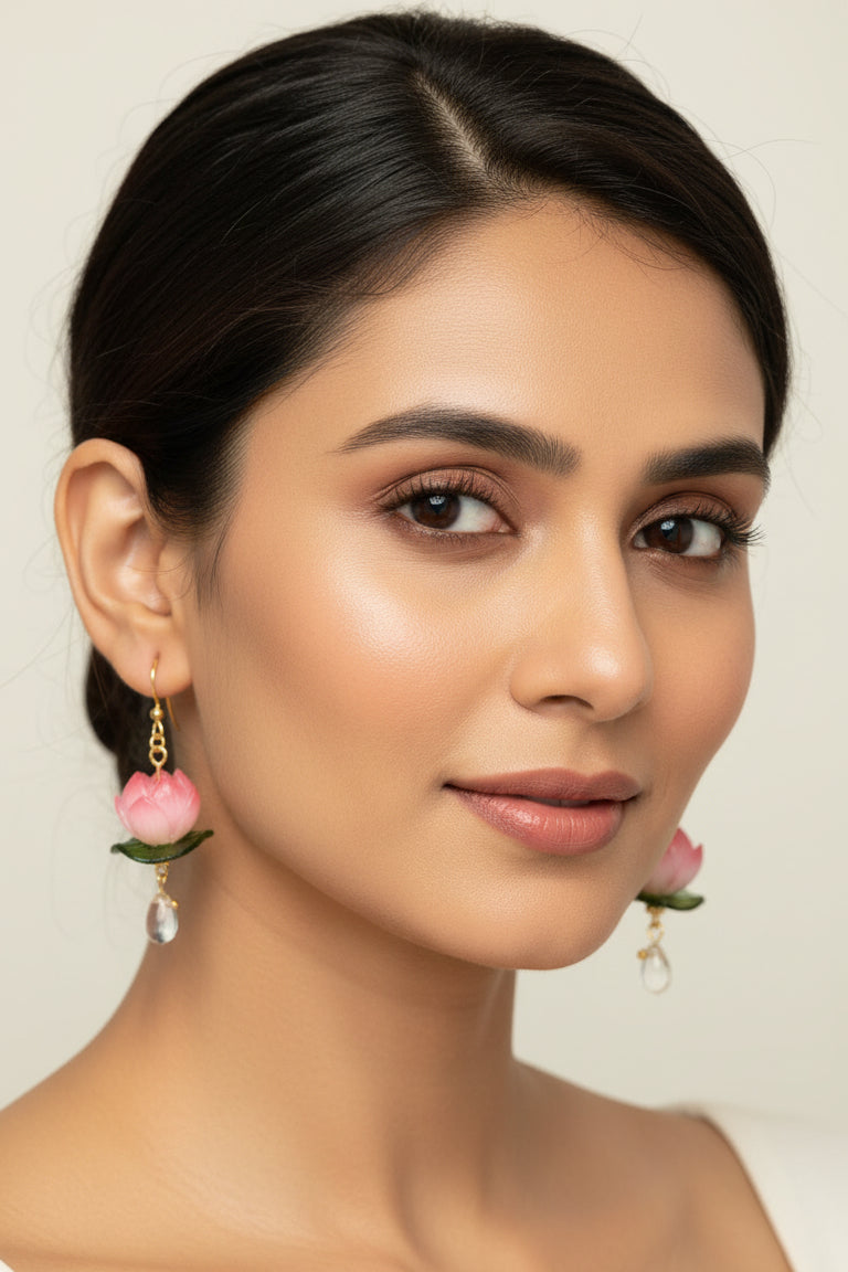 Woman wearing earrings with pink flowers against a neutral background