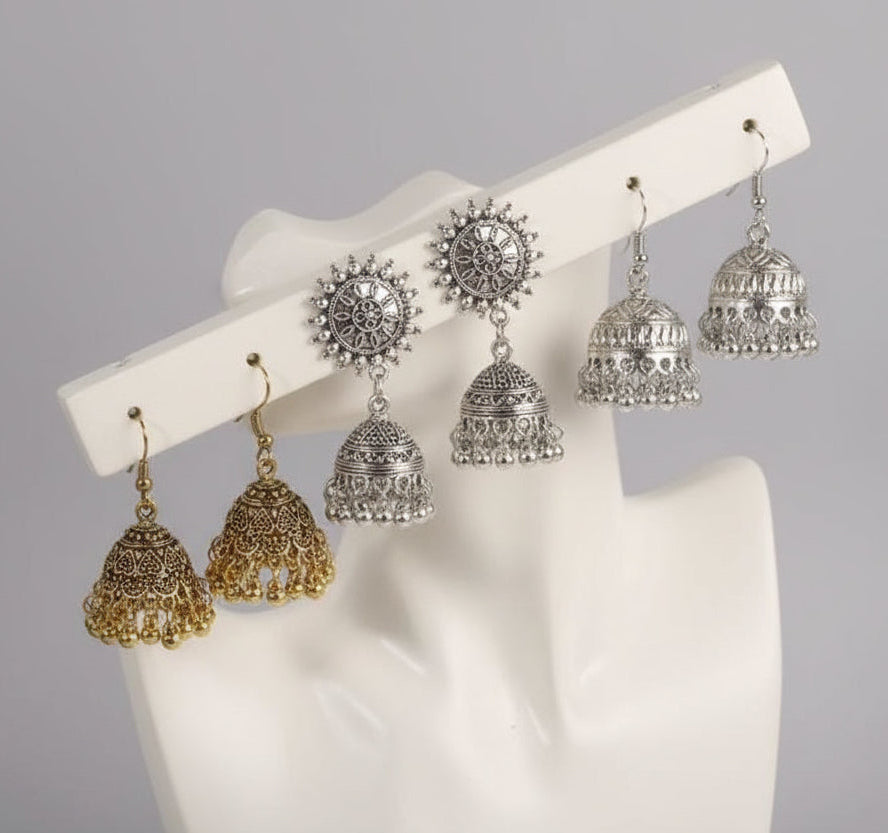 Aaravi 3-Pair Oxidised Jhumka Earring Set — Gold & Silver Mix