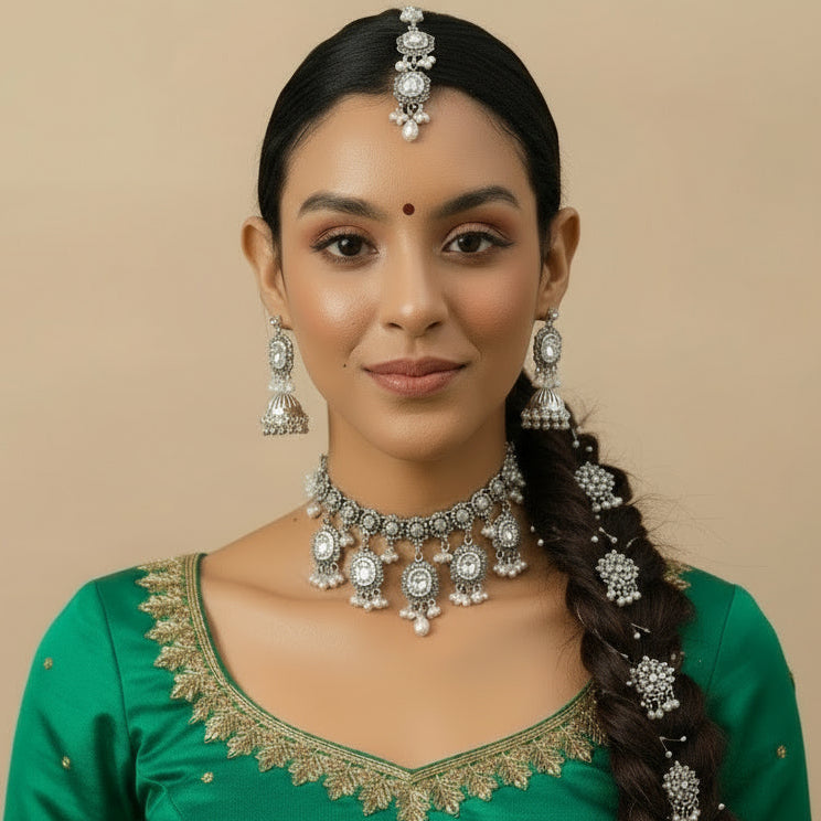 Woman wearing a green traditional outfit with jewelry on a beige background