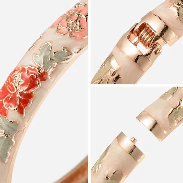 Rose gold bracelet with floral and butterfly designs on a white background