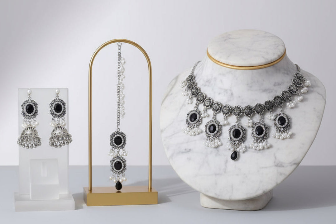 Ahalya Heritage Oxidised Silver Bridal Set — Necklace, Earrings & Maang Tikka