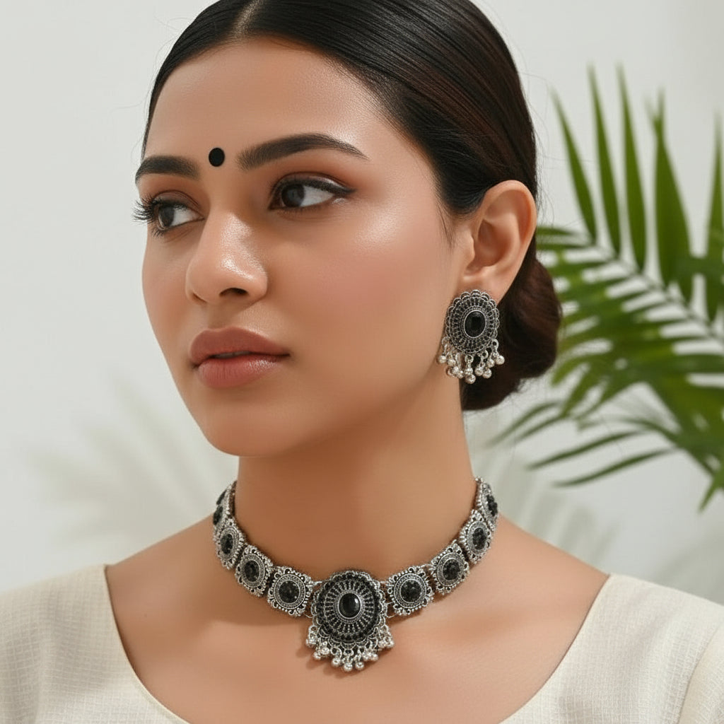Niyara Oxidised Mirror Choker Set — 2-Piece (4 Colours)