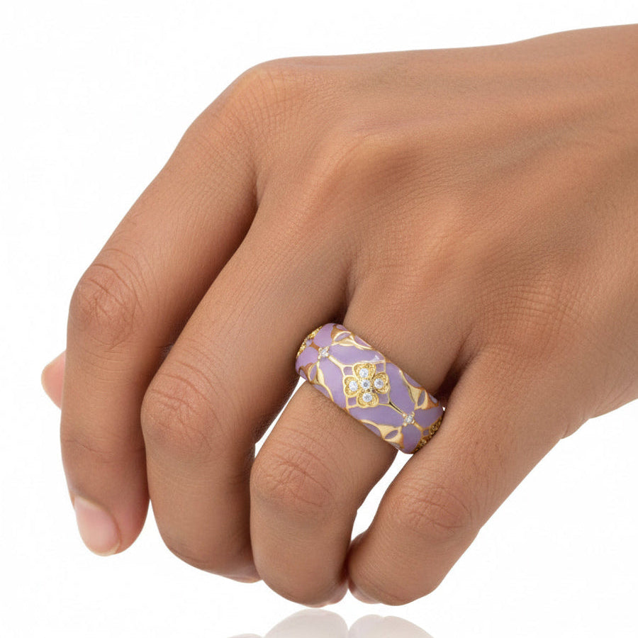 Enamel Blossom Band Ring – Adjustable Floral Gold Ring
