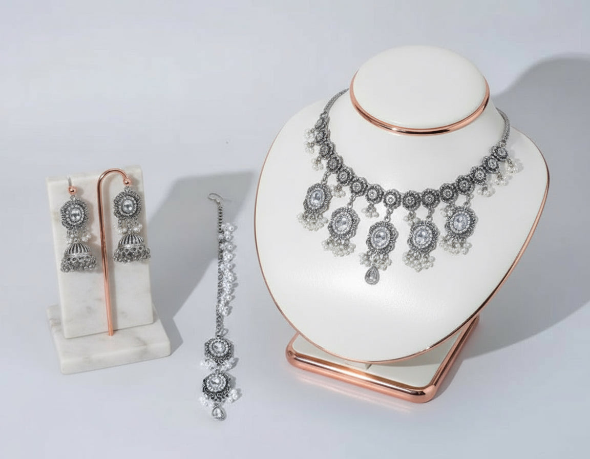 Ahalya Heritage Oxidised Silver Bridal Set — Necklace, Earrings & Maang Tikka