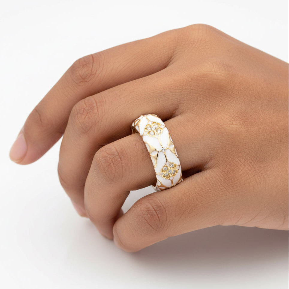 Enamel Blossom Band Ring – Adjustable Floral Gold Ring