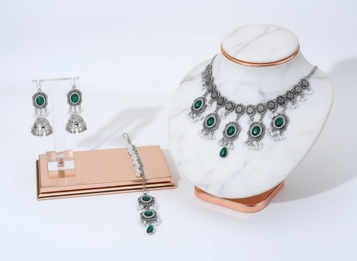 Ahalya Heritage Oxidised Silver Bridal Set — Necklace, Earrings & Maang Tikka