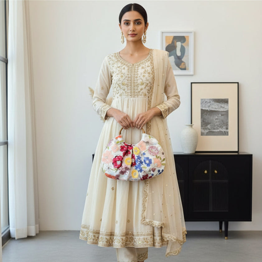 Woman in a cream traditional outfit holding a floral clutch in a room with a window and framed pictures.