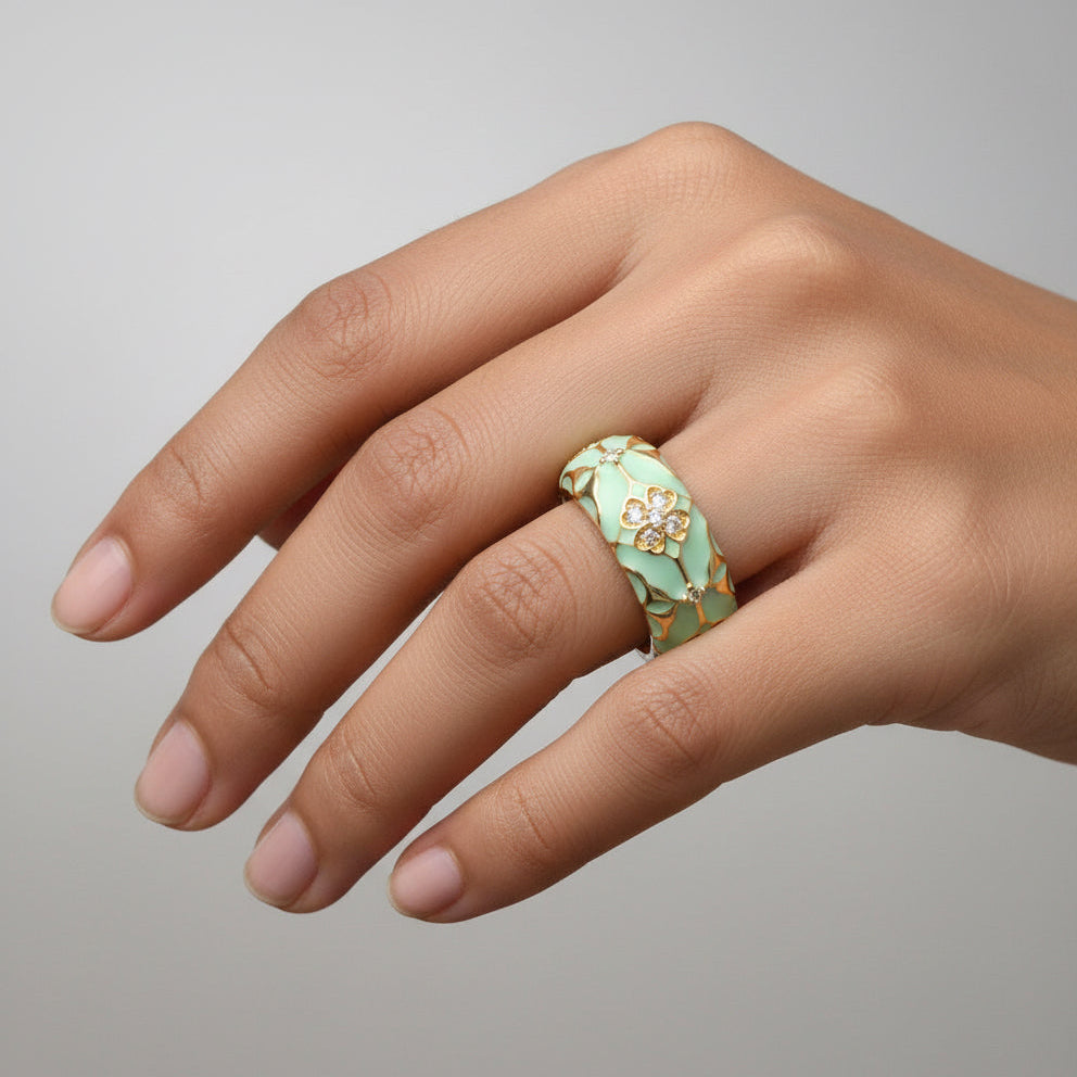 Enamel Blossom Band Ring – Adjustable Floral Gold Ring