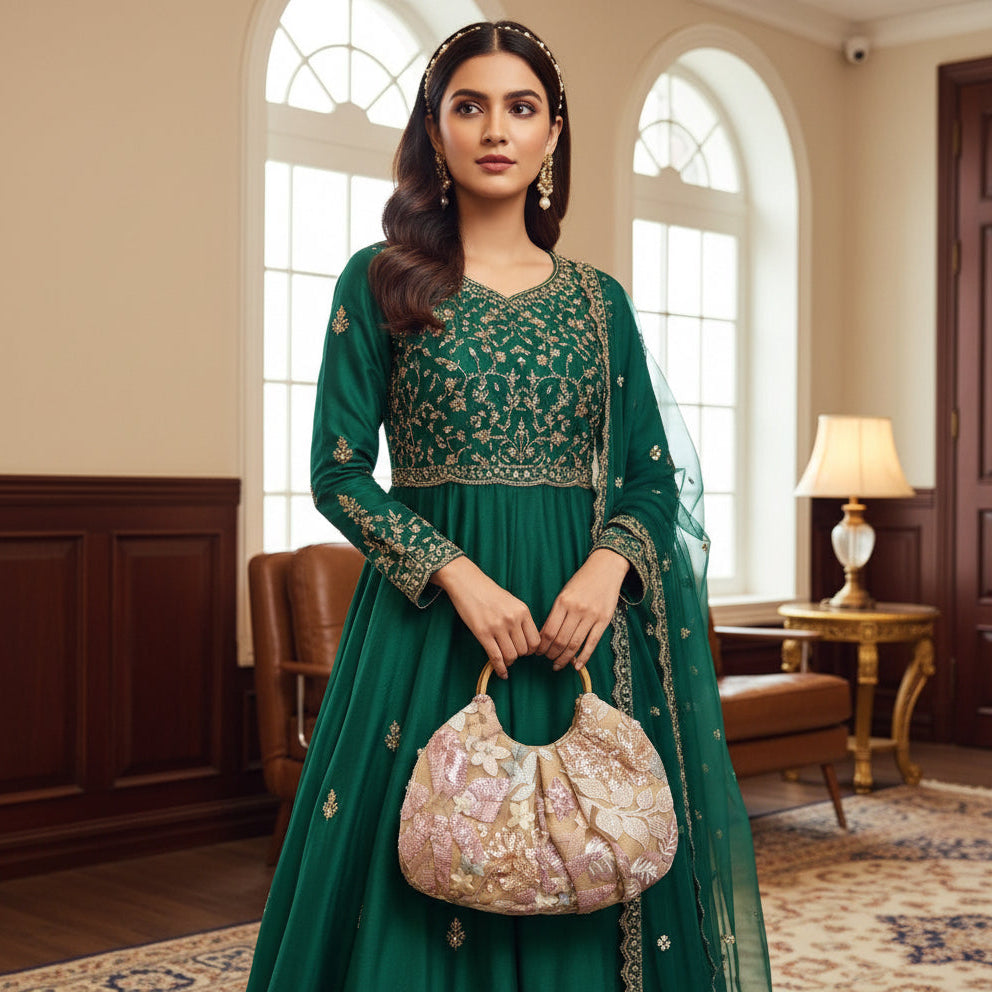 Woman in a green embroidered outfit holding a matching handbag in a elegant room.